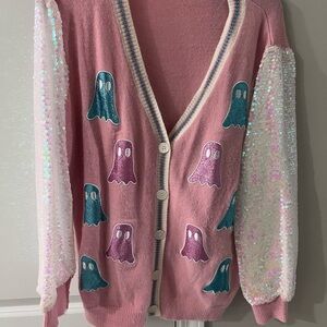 Pink Ghost Patterned Sweater with Sequin Sleeves
